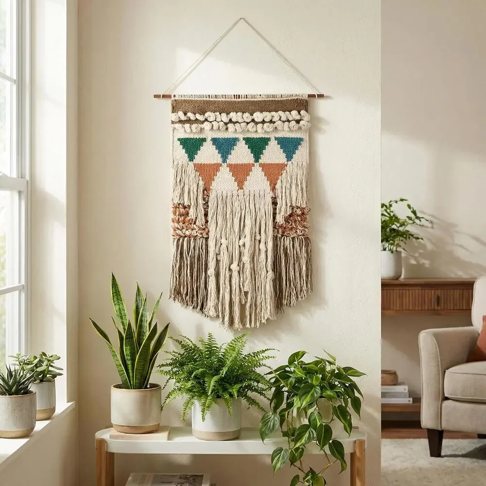 Bohemia Wall Hanging Decor | Boho Geometric Woven Textile with Layered Fringe &